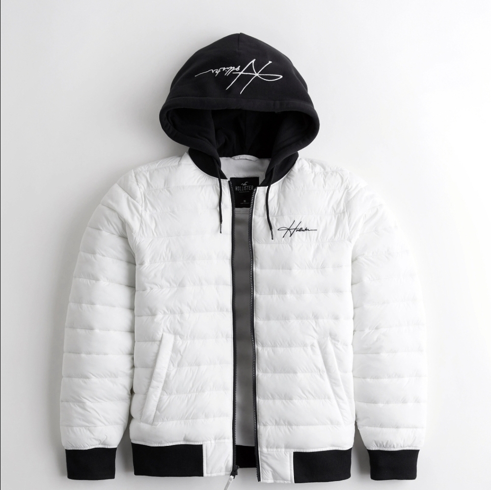 Men's Vintage Hollister Quilted White Puffer Jacket XL Hoodie